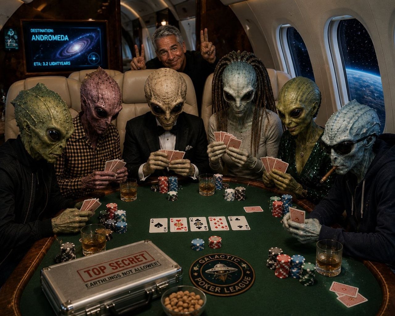 Aliens playing poker on private jet